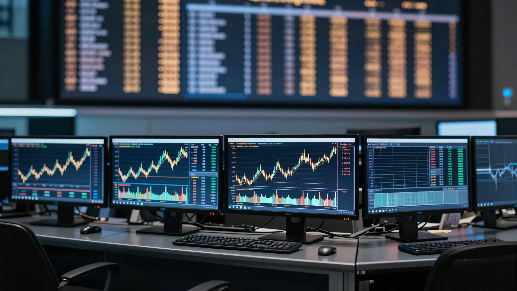 شاشات تداول في البورصة تعرض مؤشرات أسواق المال وحركة أسعار الأسهم
